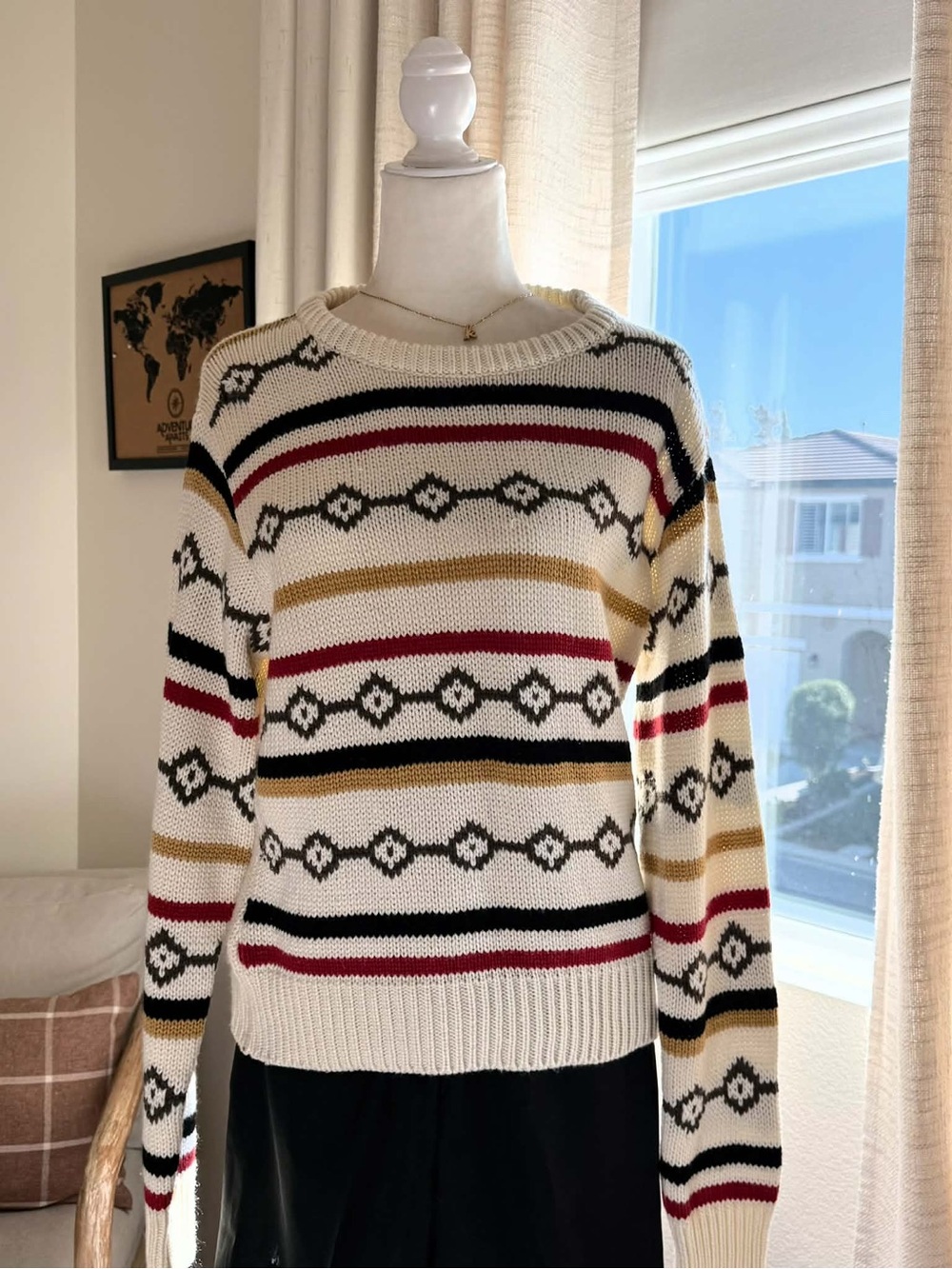O'Neill Cream Crewneck Sweater with Black, Red & Gold Stripes